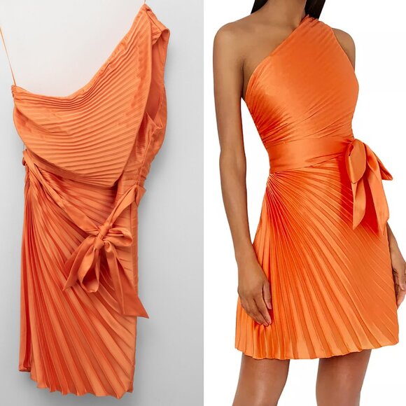 Milly Estie Satin Pleated Dress Mini One Shoulder Mini Belted Orange Size 12 - Picture 1 of 6
